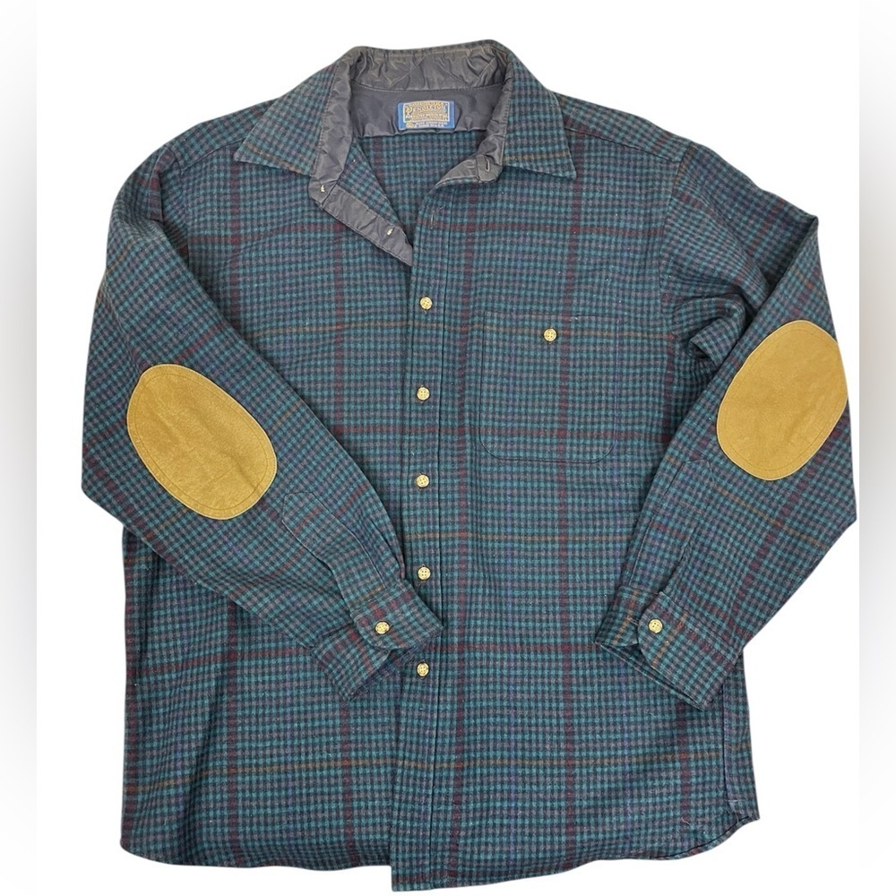 Vintage Pendleton Virgin Wool Flannel Plaid Elbow Patches Trail Shirt USA Made L